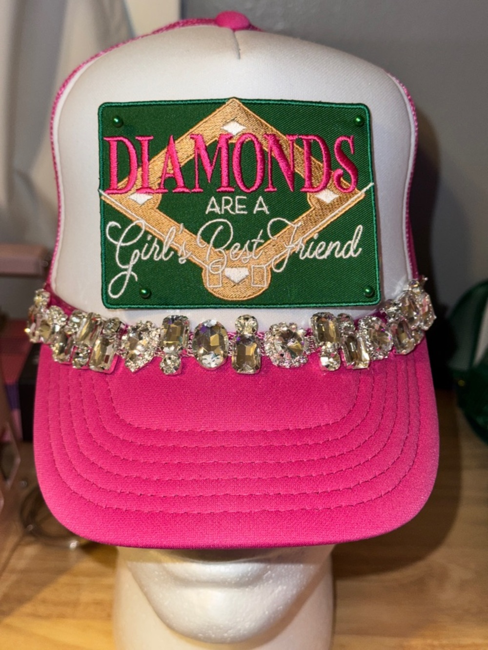 Hot Pink Patch Trucker Hat - Diamonds Are A Girl's Best Friend with BLING Chain